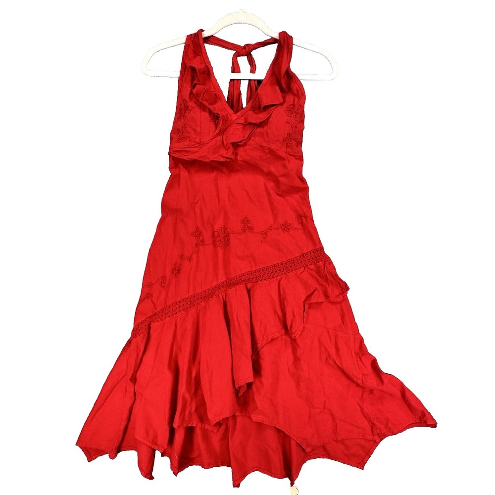 Gioccam Womans S Red Halter Dress Backless Embroidered Eyelet Asymmetrical